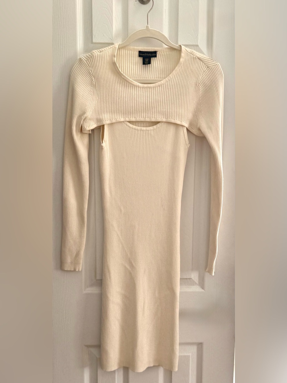 House of Harlow 1960 Cream Ribbed Long Sleeve Bodycon Midi Dress with Cutout